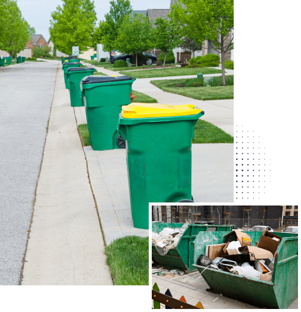 Group 1321315763 Street with green bins and waste dumpsters.