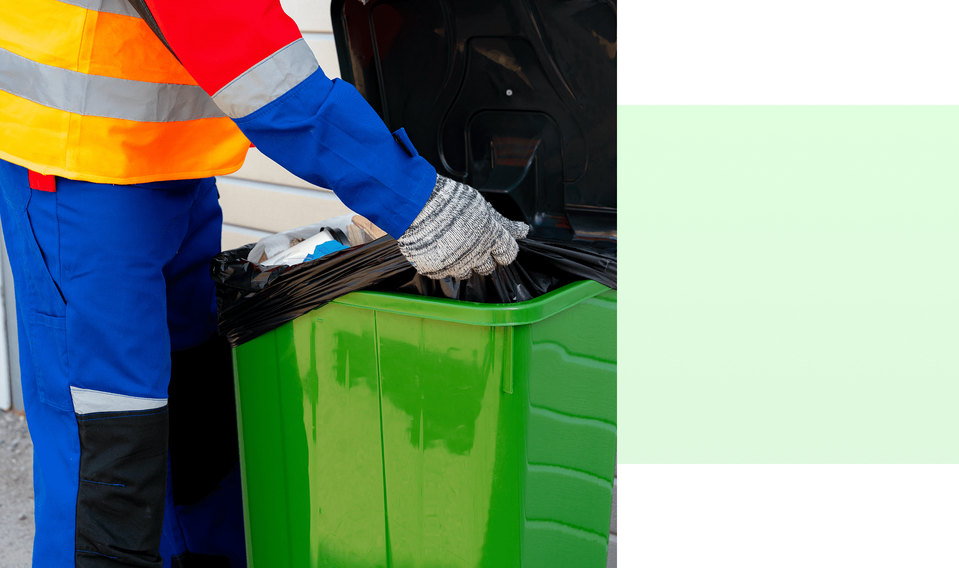 Group 1321315764 Worker disposing garbage in green trash bin.
