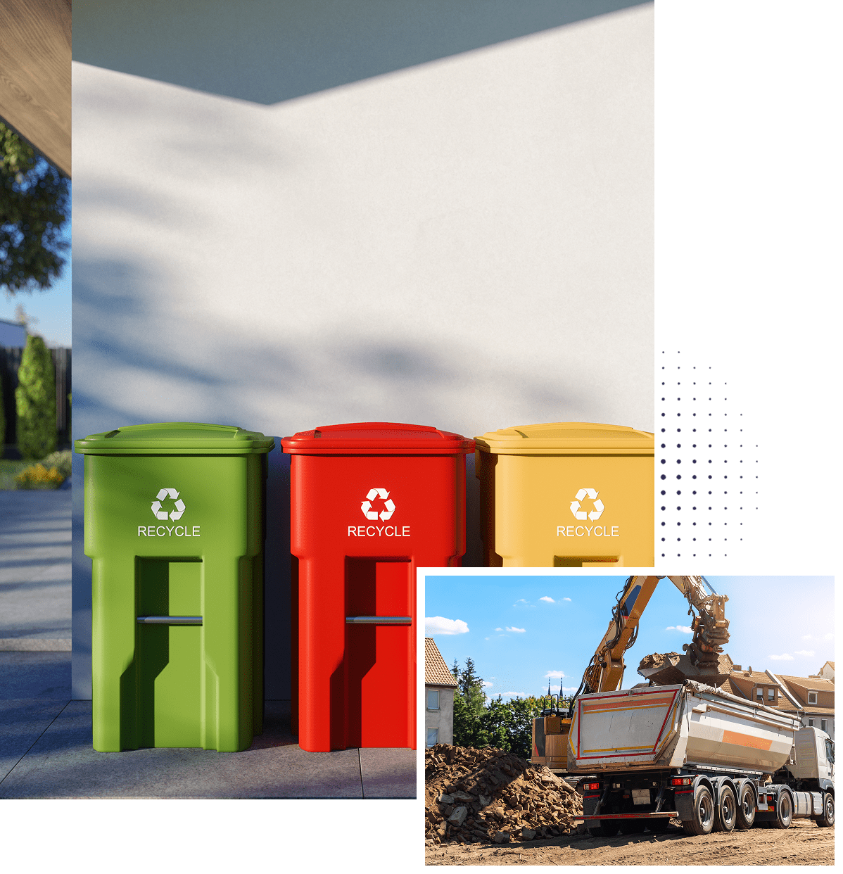 Colorful recycling bins and construction truck loading.